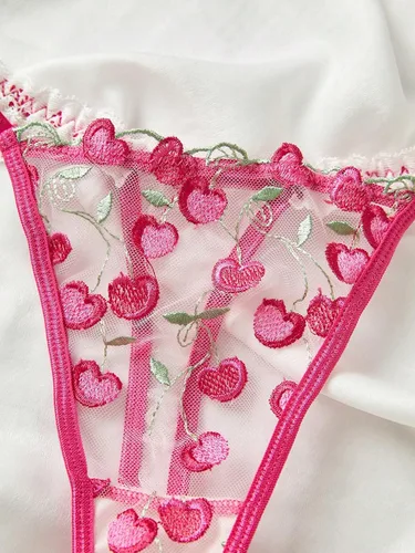 Vista 3 de WDIRARA Conjunto de lencería de dos piezas para mujer, con bordados de cerezo, con ribete de volados, malla y aros