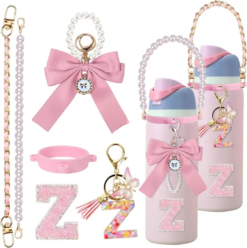 Vista 16 de 6 piezas de accesorios con letras para botella de agua Owala 24 oz 32 oz 40 oz, con lindos dijes iniciales y correa para el asa, compatible