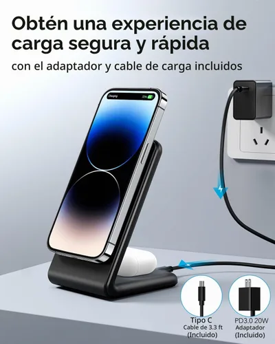 Vista 3 de Soporte de cargador 2 en 1 compatible con MagSafe con bloque de cargador PD 20W USB-C y cable, cargador inalámbrico de carga rápida diseñado