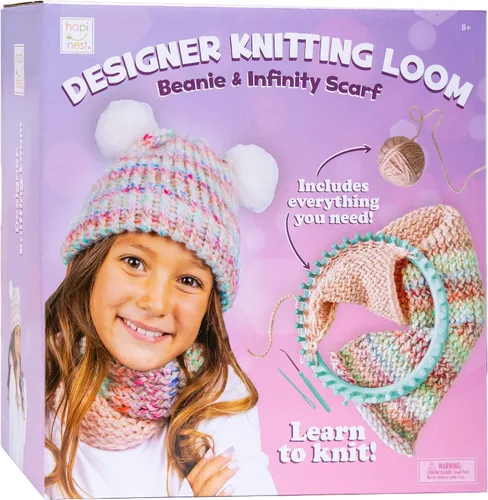 Vista 3 de Hapinest - Kit de tejido para aprender a tejer sombrero y bufanda con telar para niños de 8 a 12 años