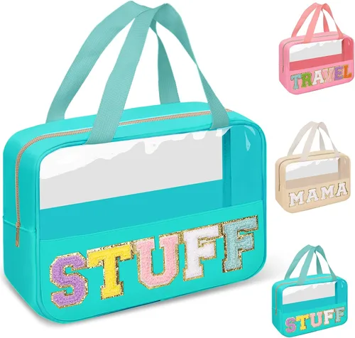 Vista 19 de izuzta Bolsas de maquillaje transparentes tipo tote con letras de chenilla, bolsa de maquillaje preppy con asa, Moda