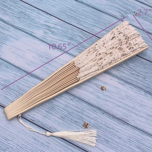 Vista 7 de Ventilador de mano plegable, abanico de encaje para mujer, elegante abanico de algodón hecho a mano, abanicos retro vintage con varillas de bambú