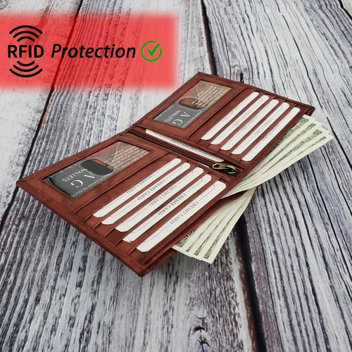 Vista 4 de ag wallets Billetera bifold europea de piel auténtica RFID para hombre, 2 ventanas de identificación, Borgoña