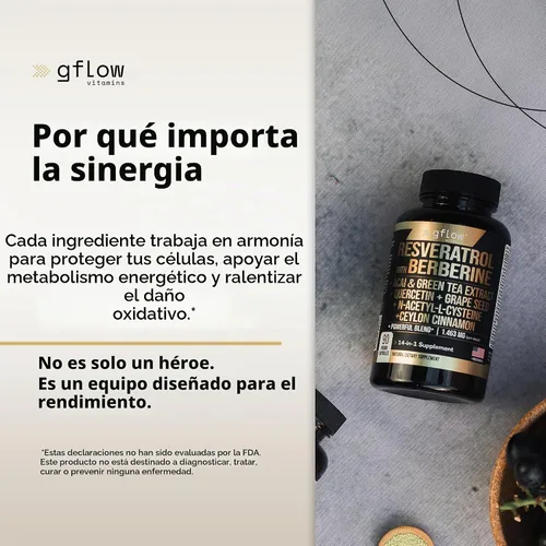 Vista 3 de gflow vitamins Suplemento de Resveratrol con Berberina, Extracto de Té Verde, Canela de Ceilán, Semilla de Uva y Quercetina 1000mg de Quercetina, N