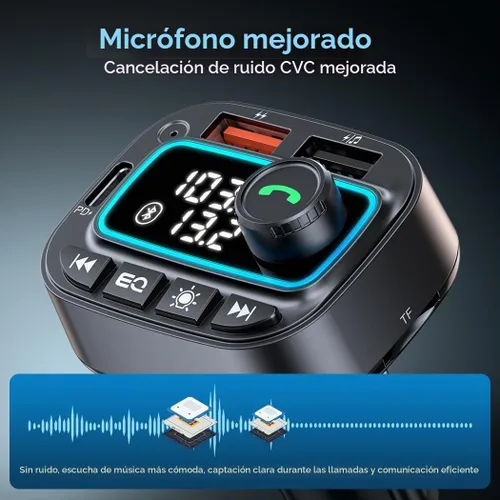 Vista 5 de Adaptador de coche Bluetooth 5.3 Transmisor FM, 42 W (PD30W y 12 W), cargador de coche USB C, receptor de radio inalámbrico, llamadas manos libres