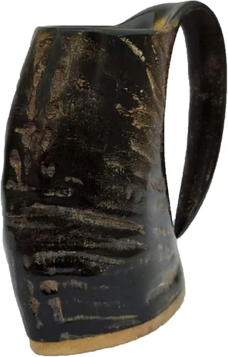 Vista 7 de Juego de 2 tazas de cuerno vikingo, 100% auténtica jarra medieval de cuerno de cerveza con superficie de madera, taza de cuerno vikingos de 16