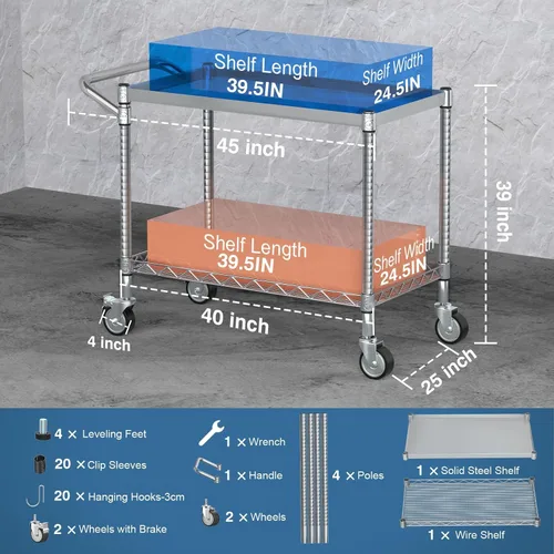 Vista 3 de Leteuke Carrito de herramientas de 2 niveles con ruedas, carrito utilitario rodante resistente con asa, carrito de almacenamiento de servicio