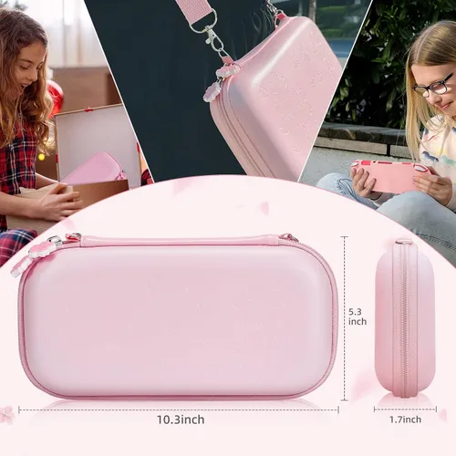 Vista 6 de BRHE Kit de accesorios para estuche de transporte de viaje rosa para Switch Lite, funda protectora dura con soporte, protector de pantalla
