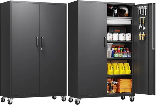 Vista 17 de Yizosh Armario de almacenamiento de metal para garaje con 2 puertas y 5 estantes ajustables, gabinete de archivo de acero con cerradura de 71