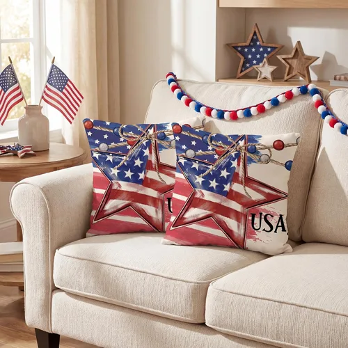 Vista 3 de FUTBU Juego de 2 fundas de almohada de 16 x 16 pulgadas, diseño patriótico de estrellas y bandera estadounidense, rojo, blanco, azul, Día de la 4