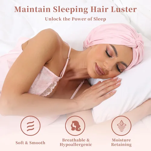 Vista 39 de Gorro de satén de seda ajustable para envolver el cabello para dormir, gorro de dormir de doble capa, turbante nocturno para cabello largo y rizado