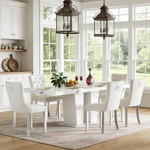 Vista 27 de Mesa de comedor extensible de 78.74 pulgadas para 6 8 y 10 pulgadas, moderna mesa de comedor extensible de granja con base de doble pedestal, mesa