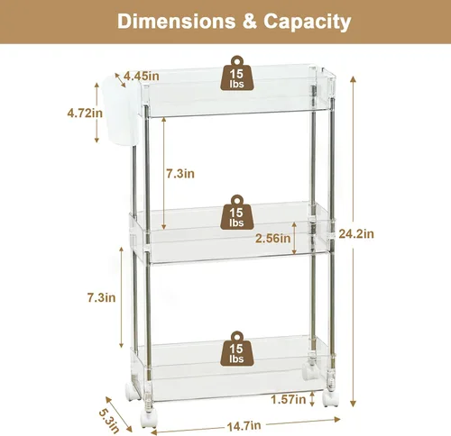 Vista 3 de VECELO Carrito rodante de acrílico de 3 niveles, carrito utilitario para almacenamiento de cocina, estantes móviles organizadores deslizables con 2