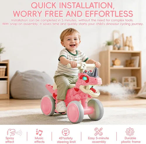 Vista 5 de Bicicleta de equilibrio para bebés de 1 año de edad, bicicletas de equilibrio de dinosaurio con sonidos, música y efectos de pulverización Rosa