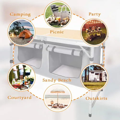 Vista 7 de CampLand - Mesa plegable de aluminio para exteriores, ligera, de altura ajustable con organizador de almacenamiento para barbacoa, fiesta, camping