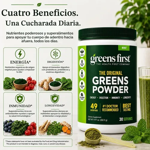 Vista 5 de Greens First Original Greens en polvo, menta, 30 porciones 49 superalimentos, frutas y verduras orgánicas, prebióticos, probióticos y enzimas