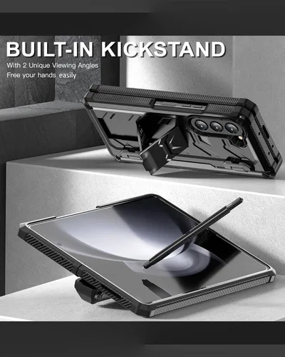 Vista 4 de Rugged Armor - Funda para Samsung Galaxy Z Fold 5, protección de bisagra, soporte para S Pen, función atril, protector de pantalla integrado, Negro