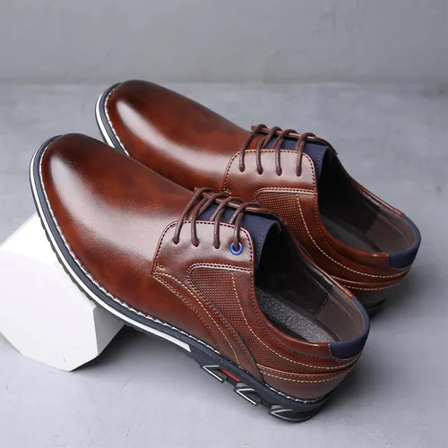 Vista 2 de Zapatos Oxford planos de cuero para hombre, zapatos casuales con cordones, zapatos de moda para caminar, negocios, oficina, fiesta, mocasines cómodos