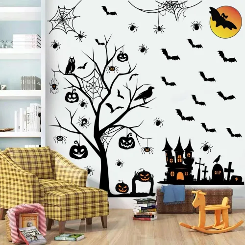 Vista 5 de Calcomanías de pared de Halloween, murciélagos altos para decoración del hogar, arte extraíble para ventanas, suministros de fiesta