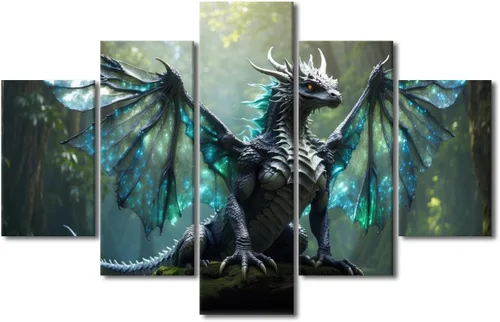 Vista 71 de Lienzo decorativo para pared de sala de estar, lienzo de dragón, 5 paneles, dragón verde, decoración de pared para el hogar, decoración de pared