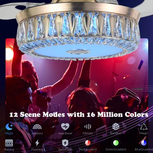 Vista 3 de Ventilador de techo de cristal moderno de 42 pulgadas con control remoto retráctil inteligente Bluetooth dorado con 7 luces RGB regulables