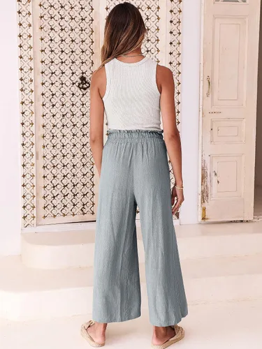Vista 4 de ANRABESS Pantalones de lino para mujer, estilo casual, holgados, cintura alta, cordón de pierna ancha, pantalones capri palazzo con bolsillos