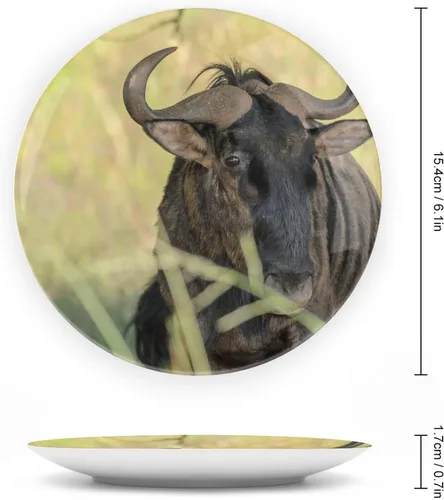 Vista 2 de Plato decorativo para colgar en la pared, plato de cerámica de ñu azul animal, platos divertidos para cena, plato decorativo de mesa, plato