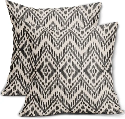 Vista 17 de Sweetshow - Juego de 2 fundas de almohada boho de 16x16 pulgadas, fundas de almohada étnicas bohemias negras con estampado geométrico de espiga
