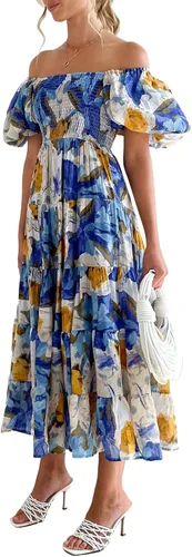 Vista 3 de Vestido largo casual bohemio con hombros descubiertos para mujer, estampado floral, manga corta, estampado floral, holgado, vestido de fiesta, club