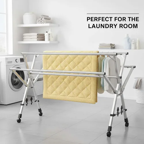 Vista 6 de This Foldable Stainless Steel Clothes Rack, Telescopic Laundry Drying Hanger, Expandable Folding Garment Rack for Indoor Outdoor, Space-Saving Heavy