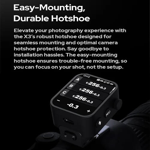 Vista 4 de Godox Disparador de flash inalámbrico X3F TTL, transmisor de flash de pantalla táctil para cámaras Fuji, batería incorporada