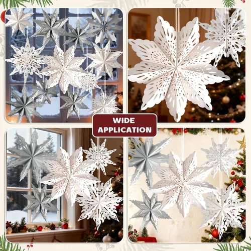 Vista 2 de 12 piezas de linternas de copo de nieve de papel de Navidad, linternas de estrella de papel de Navidad 3D con luces LED, lámparas colgantes de copo