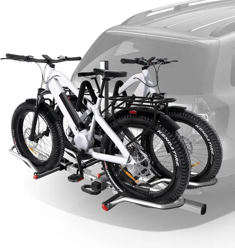 Vista 6 de KYX Soporte de bicicleta eléctrica montado en enganche de 220 libras, estilo plataforma de 2 bicicletas para autos, camiones, SUV, minivans, se