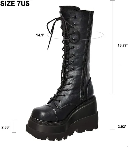Vista 7 de CELNEPHO - Botas para mujer, estilo de combate, punk, de plataforma alta, hasta mitad de la pantorrilla, de cuña, con tacones altos y gruesos