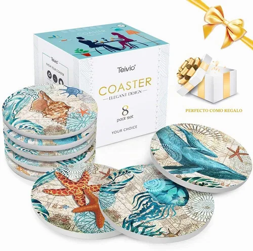 Vista 2 de Teivio Posavasos de piedra absorbente con temática de vida marina para bebidas, base de corcho con soporte, decoración costera con tema de playa