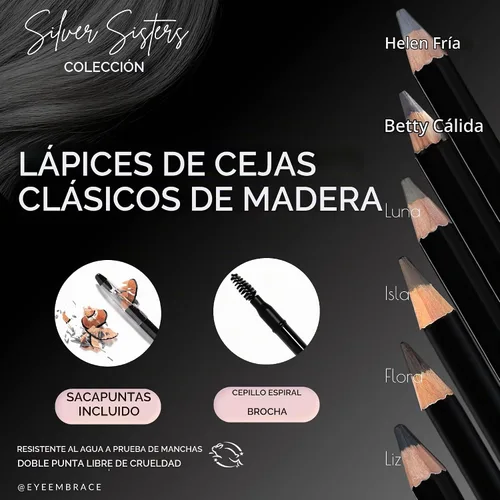Vista 2 de Eye Embrace Cool Helen Classic: Lápiz de cejas de madera gris claro – Resistente al agua, lápiz de doble punta con sacapuntas y cepillo de bobina
