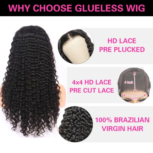 Vista 3 de Wear and Go - Peluca sin pegamento de 16 pulgadas, pelucas de cabello humano de onda profunda de 16 pulgadas, densidad del 200%, pelucas de cabello