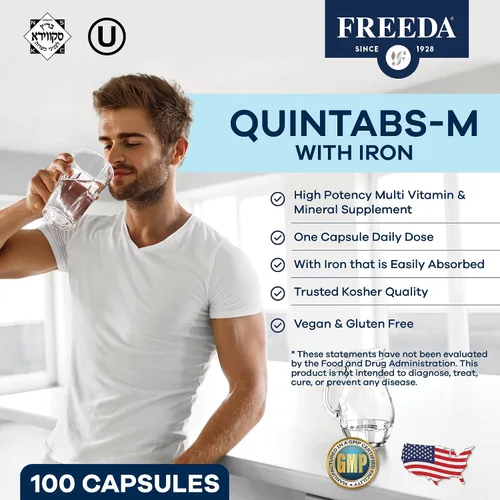 Vista 2 de FREEDA Multivitamínico - Quintabs-M con hierro - Suplementos multivitamínicos Kosher para la salud de la mujer - Multivitaminas para mujeres