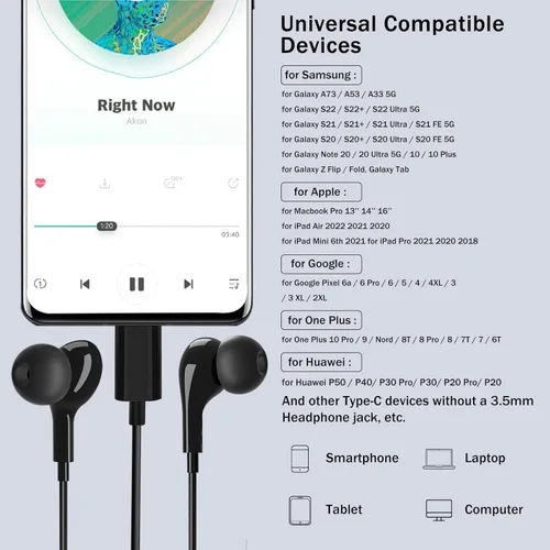 Vista 2 de USB C Headphones for Samsung Galaxy S26 S25 S24 Ultra iPhone 17 16 Pro Max Negro