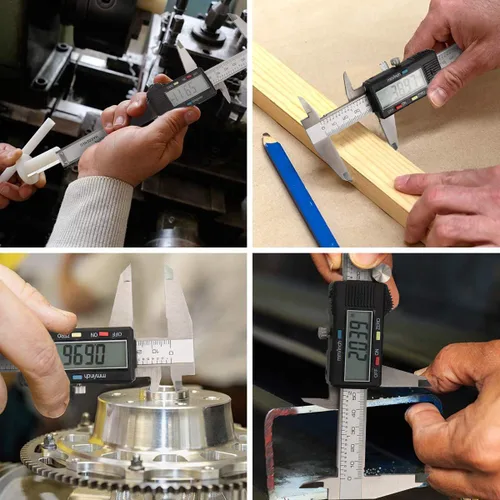 Vista 4 de Herramienta de medición de calibre, Qfun calibre digital de vernier de acero inoxidable de 6 pulgadas/150 mm, micrómetro digital impermeable, fácil