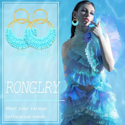 Vista 6 de Ronglry Aretes bohemios de ratán de rafia para mujeres y niñas, ligeros, hechos a mano, de mimbre trenzado, grandes, divertidos, modernos, regalos
