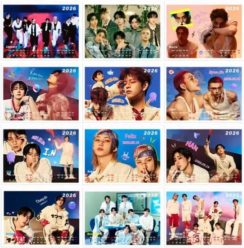 Vista 3 de Calendario de escritorio de regalo de Stray Kids 2025-2026, Calendario de escritorio con fotos de Stray Kids para el Año Nuevo (Morado)