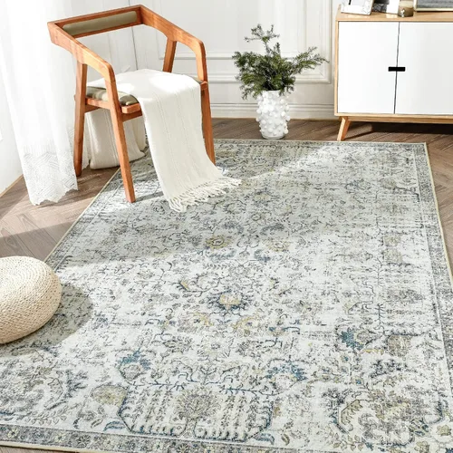 Vista 300 de jinchan Lima - Alfombra simétrica floral geométrica lavable, alfombra de entrada de medio círculo de 2 x 3, alfombra de media luna, suave y Azul