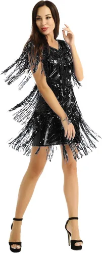 Vista 3 de Aislor Vestido de baile latino para mujer, con borlas y lentejuelas, vestido de baile de tango Negro