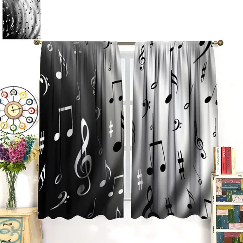 Vista 3 de Cortinas de notas musicales, blanco y negro, instrumento musical, canción, arte de canción, opacas, para ventana, dormitorio, sala de estar