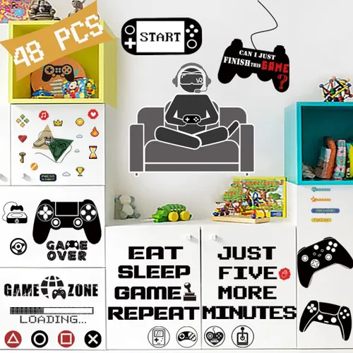 Vista 2 de 48 piezas creativas de decoración de sala de videojuegos, excelente en accesorios y carteles para dormitorio de niños, calcomanías de pared