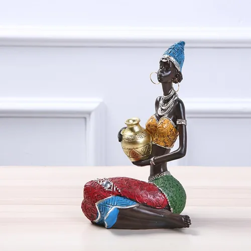 Vista 8 de Decoración para el hogar Resina África Lady Escultura Figuras de personaje Moda Adornos de escritorio Arte moderno Estatua de resina africana