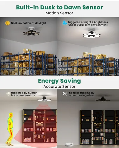 Vista 4 de Luz de garaje con sensor de movimiento, 25000 lm 250 W, luz LED de techo para garaje activada por movimiento, con sensor de movimiento