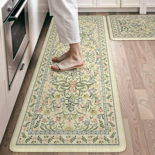 Vista 25 de Collive Tapete Anti Fatiga para Piso de Cocina, Tapetes de Cocina con Diseño Floral Primaveral para Piso Juego de 2, Alfombras para Fregadero Beige