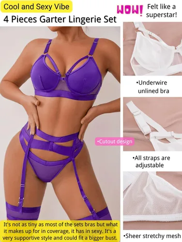 Vista 41 de Kaei&Shi - Lencería con liguero para mujer, conjunto de encaje traslúcido y sexy de 4 piezas combinadas